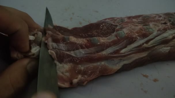 Butcher Cuts Lamb Fillet Knife Cutting Board — Stockvideo
