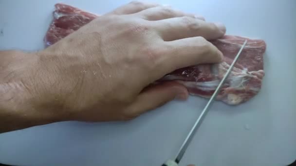 Butcher Cuts Lamb Fillet Knife Cutting Board — Vídeos de Stock