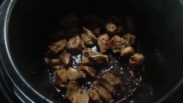 Cook Fries Pieces Lamb Meat Pan — Stock video