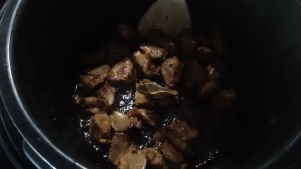 Cook Fries Pieces Lamb Meat Pan — Vídeo de Stock