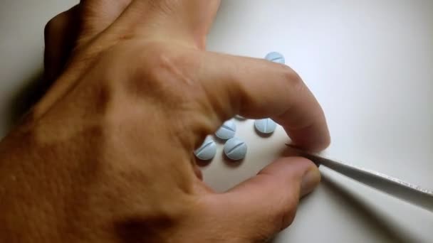 Patient Divides Pill Parts Knife Taking Treatment — Vídeo de stock