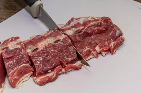 Butcher Cuts Lamb Fillet Knife Cutting Board — Stock Photo, Image