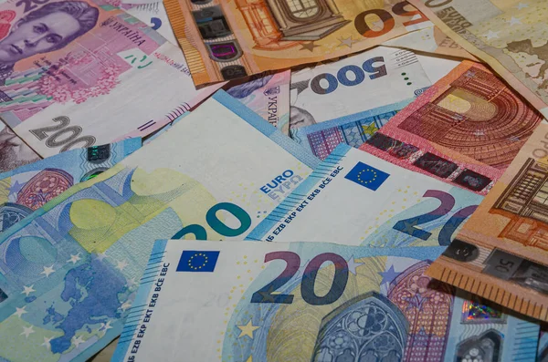Banknotes Ukrainian Hryvnia Currencies European Euros — Stockfoto
