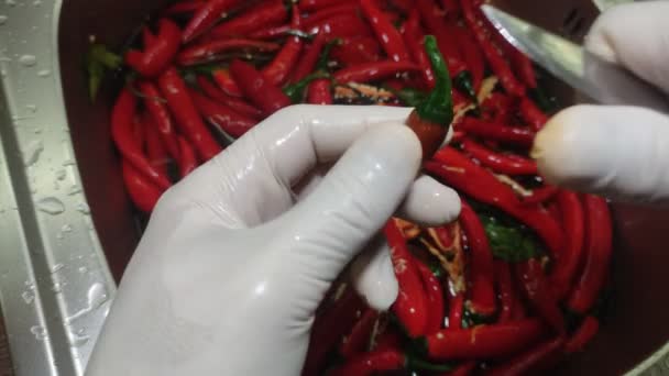 Cozinheiro Corta Pimenta Vermelha Quente Das Sementes Lavatório — Vídeo de Stock