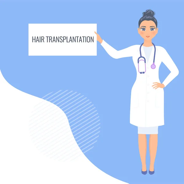 Tarjeta de trasplante de cabello en manos de una doctora — Vector de stock