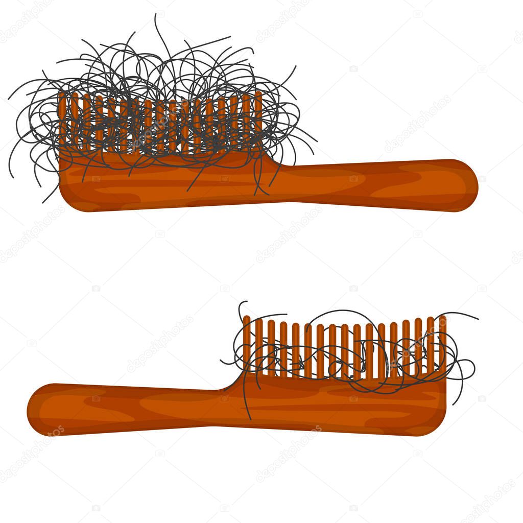 Hairbrush with hair stuck in the bristle. Lost hair strands on a comb. Excessive hair fall problem. Alopecia symptom concept. Vector illustration.