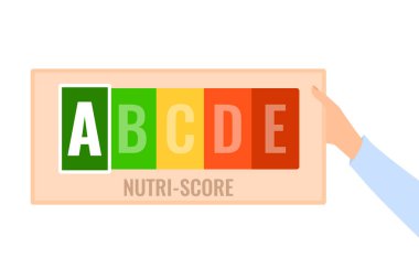 Nutri puanı beslenme etiketi. Beslenme derecelendirme sistemi gıda ürünlerinin değerini gösteriyor. A kalite levhasını tutan el. Sağlıklı beslenme ve vücut bakımı kavramı.
