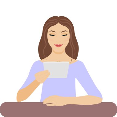 Masadaki kadın tabletten kitap okuyor. Yaşam tarzı konsepti. Vektör illüstrasyonu. 