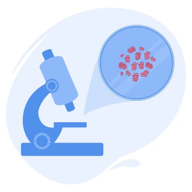 Mikroskop altında Staphylococcus bakterisi. Mikropların tıbbi araştırması. Biyokimya ve analiz konsepti. Vektör illüstrasyonu.