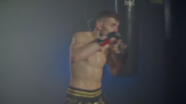 Boxer wykonuje serię ciosów w worek bokserski używając rąk i nóg — Wideo stockowe
