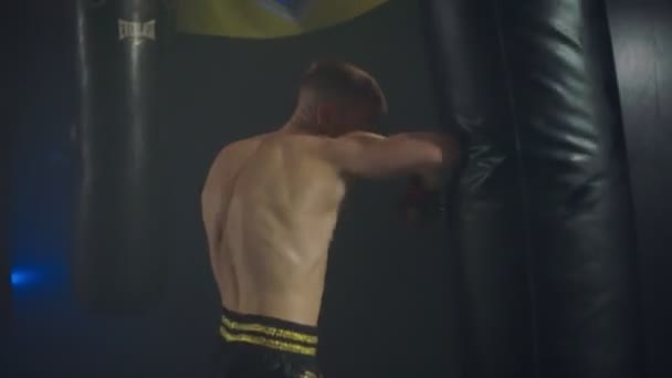 Boxer κάνει μια σειρά από γροθιές σε ένα σάκο του μποξ χρησιμοποιώντας τα χέρια και τα πόδια του — Αρχείο Βίντεο