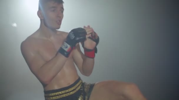 Boxer udělá sérii úderů na boxovací pytel pomocí rukou a nohou — Stock video