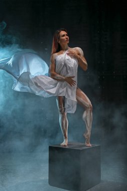 Kızıl saçlı kız, stüdyoda poz veren antika bir heykel gibi kendini beyaz kumaşla kaplıyor.