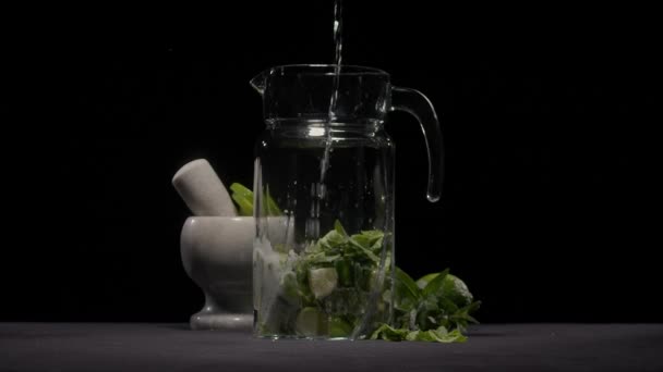 The process of creating a mojito, water is poured into a jug — Vídeo de stock