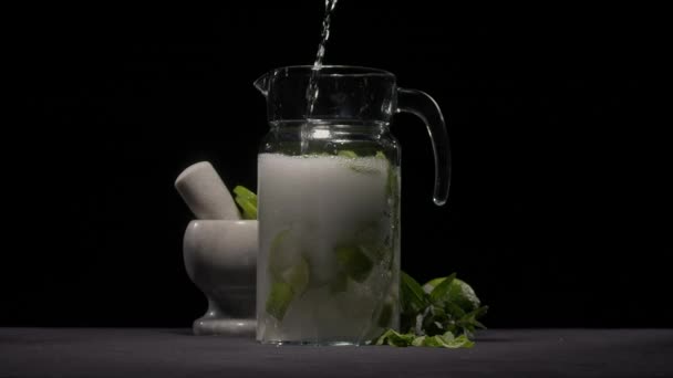The process of creating a mojito, water is poured into a jug — Vídeo de stock