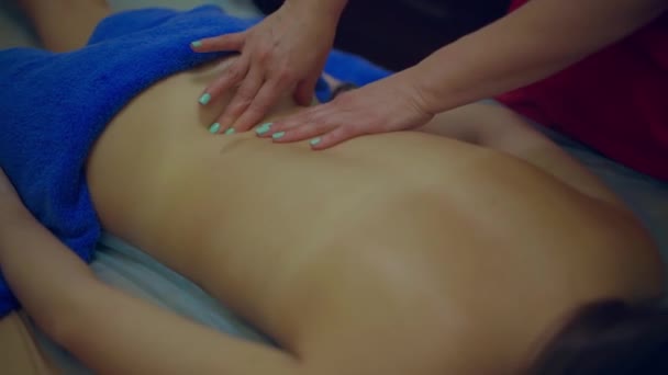 Mãos Uma Massagista Fêmea Esfregam Costas Femininas Região Lombar Sofá — Vídeo de Stock
