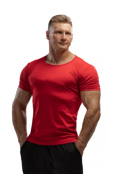 Portrait Attractive Athlete Red Shirt White Cyclorama Studio Sports Lifestyle — Stok fotoğraf