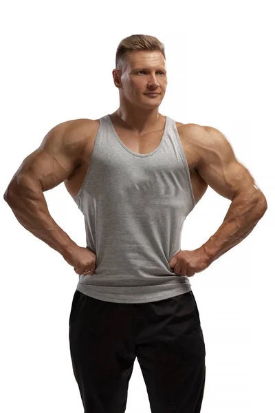 Portrait Attractive Athlete Grey Tank Top White Cyclorama Studio Sports — Stok fotoğraf