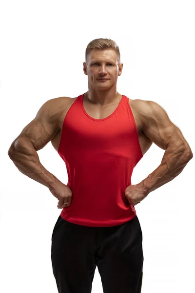 Portrait Attractive Athlete Red Tank Top White Cyclorama Studio Sports — Stok fotoğraf