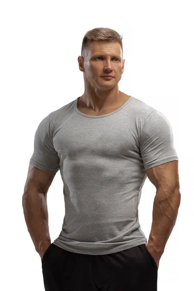 Portrait Attractive Athlete Grey Shirt White Cyclorama Studio Sports Lifestyle — Stockfoto