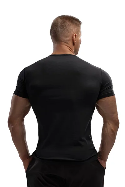 Retrato Atleta Atractivo Con Una Camiseta Negra Sobre Ciclama Blanco —  Fotos de Stock