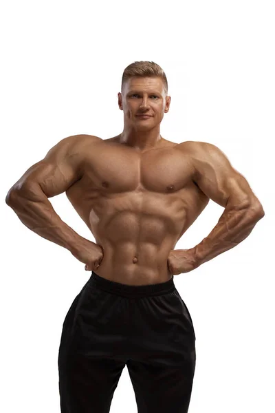 Professional Bodybuilder Dry Filled Form Large Weight Category Posing White — ストック写真