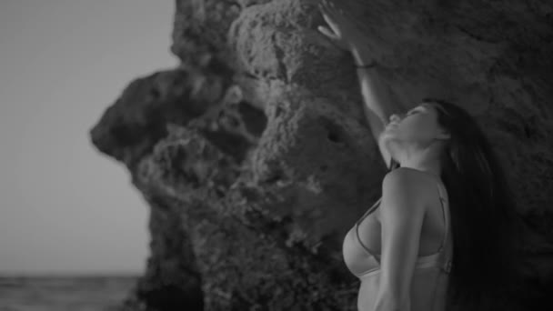 Beautiful Tanned Girl Bikini Poses Sea Backdrop Huge Stone — Vídeos de Stock