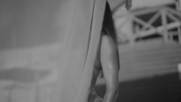Beautiful Fitness Model Swimsuit Posing Beach Translucent Canopy Curtain Focus — Video Stock