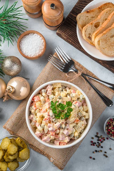 Olivier Salad Christmas Background Traditional Festive Russian Salad Vertical View — Stock Photo, Image