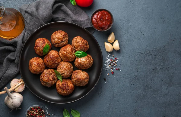 Meat Meatballs Basil Dark Background Spices Sauce Garlic Top View — Stock Photo, Image