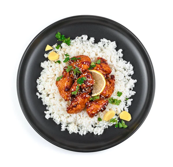 Chicken Sweet Sour Teriyaki Sauce Rice Isolated White Background Top — Stock Photo, Image