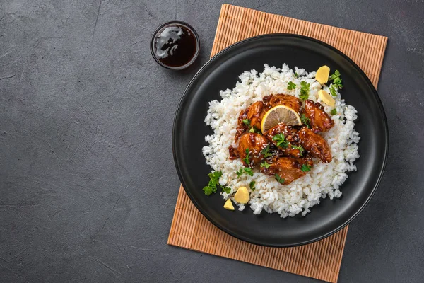 Chicken Sweet Sour Sauce Rice Black Background Traditional Japanese Dish — Stock Photo, Image