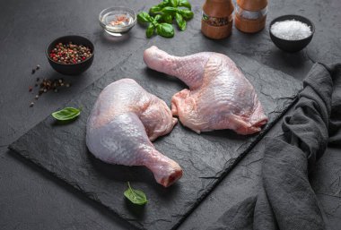 Arka planda baharat ve fesleğenli tavuk butları..