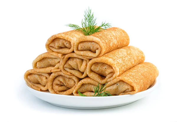 Stuffed Pancakes White Plate Dill White Background Side View Close — Stock Photo, Image