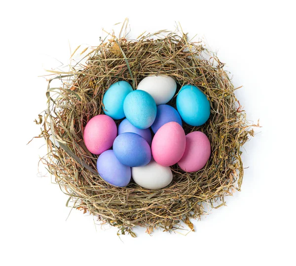 Bird Nest Colored Easter Eggs Isolated White Background Top View Stock Photo