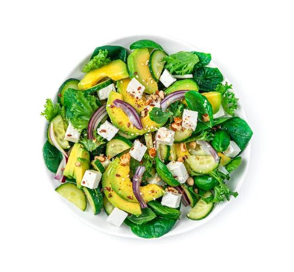 Salade Légumes Avec Avocat Concombre Feta Herbes Assaisonnées Noix Graines — Photo