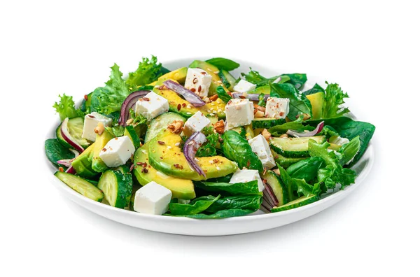 Portion Avocado Salad Feta Cucumber Seeds Nuts White Side View Royalty Free Stock Images