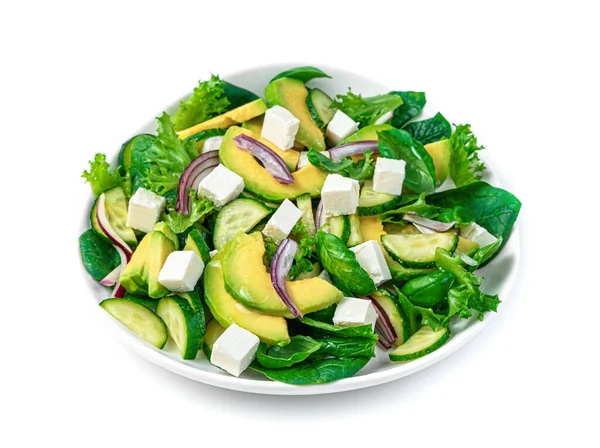 Fresh vegetable salad with avocado, cucumber, fresh herbs and cheese isolated on a white background. Stock Image