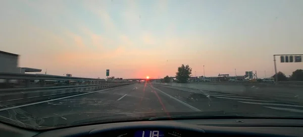 Poniéndose Sol Autopista Italiana Foto Alta Calidad — Foto de Stock