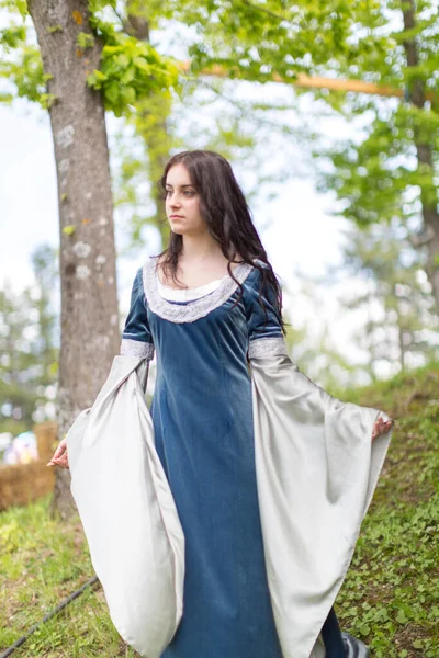 Beautiful Brunette Blue Eyes Girl Fantasy Medieval Clothes Strolls Meadows — Stock Photo, Image