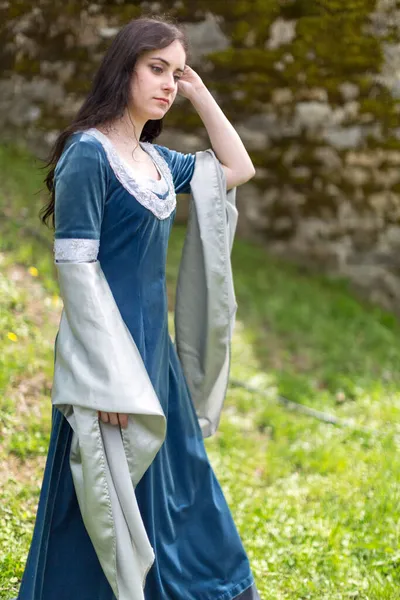 Beautiful Brunette Blue Eyes Girl Fantasy Medieval Clothes Strolls Meadows — Stock Photo, Image