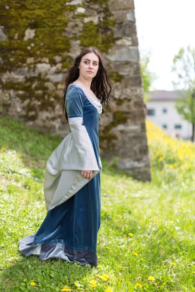 Beautiful Brunette Blue Eyes Girl Fantasy Medieval Clothes Strolls Meadows — Stock Photo, Image