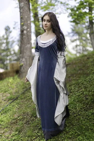 Beautiful Brunette Blue Eyes Girl Fantasy Medieval Clothes Strolls Meadows — Stock Photo, Image