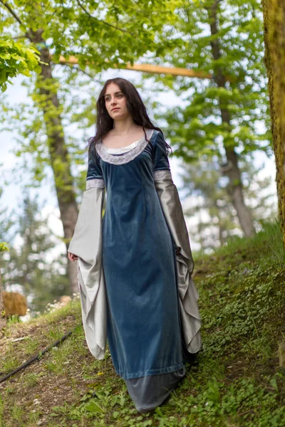 Krásná Brunetka Modré Oči Dívka Fantazii Středověké Oblečení Procházky Přes — Stock fotografie