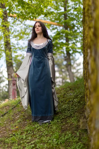 Mooie Brunette Blauwe Ogen Meisje Fantasie Middeleeuwse Kleding Slentert Door — Stockfoto