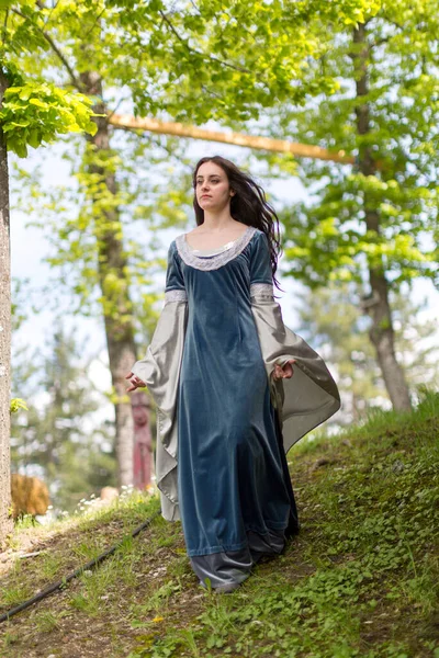 Beautiful Brunette Blue Eyes Girl Fantasy Medieval Clothes Strolls Meadows — Stock Photo, Image