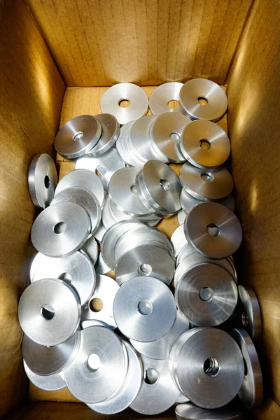 Large Steel Shim Washers Cardboard Box High Quality Photo — Stock Photo, Image