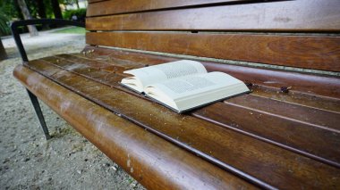 Tahta park bankında açık bir kitap bırakılmış. Yüksek kalite fotoğraf