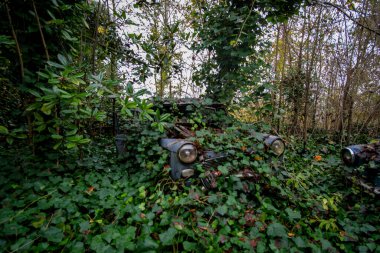 Terk edilmiş büyük bir evin bahçesinde terk edilmiş eski mavi bir araba. Yüksek kalite fotoğraf
