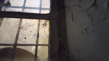 İçinde örümcek ağları ve molozlar olan terk edilmiş büyük bir evin içinde.
